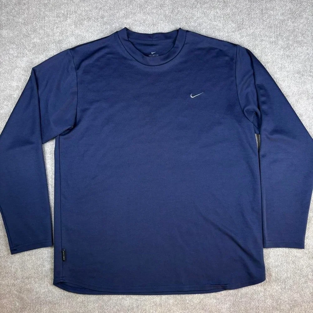 Nike Dri‎ Fit Navy Blue Long Sleeve Shirt  Swoosh Size L Made In USA